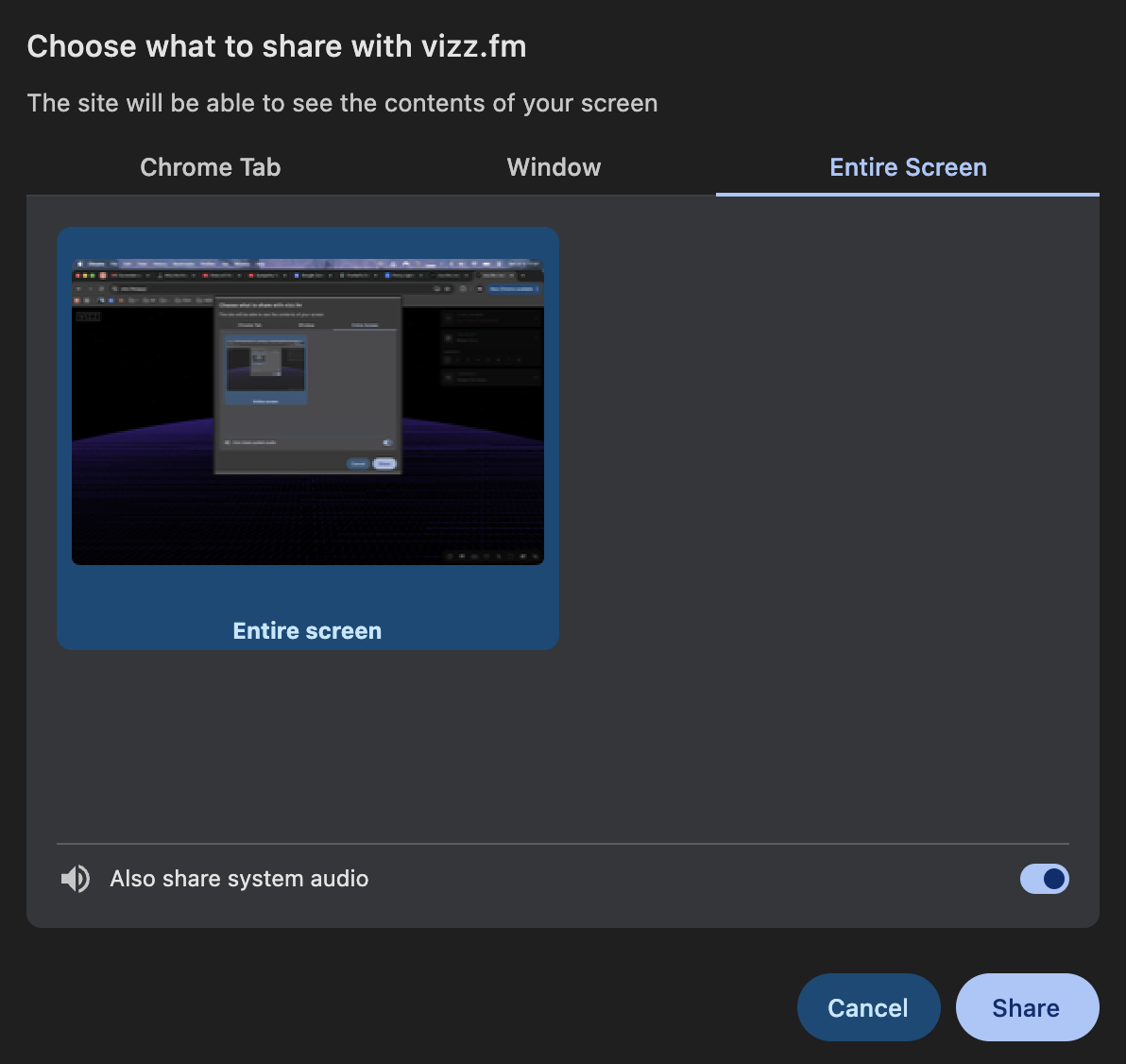 Chrome share dialog on the Entire Screen tab with the Also share system audio toggle turned on