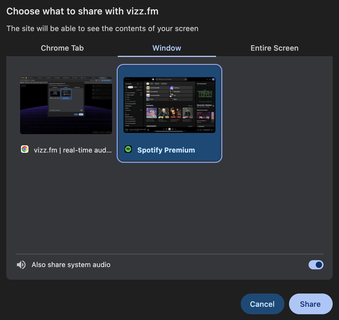 Chrome share dialog with the Spotify window selected and the Also share system audio toggle turned on