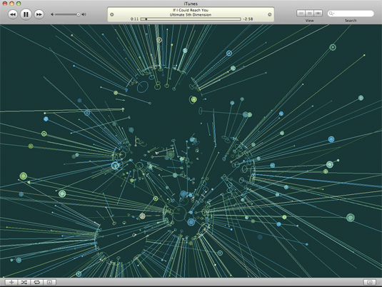 The iTunes 8 visualizer: glowing particles and thin lines radiating across a dark teal field