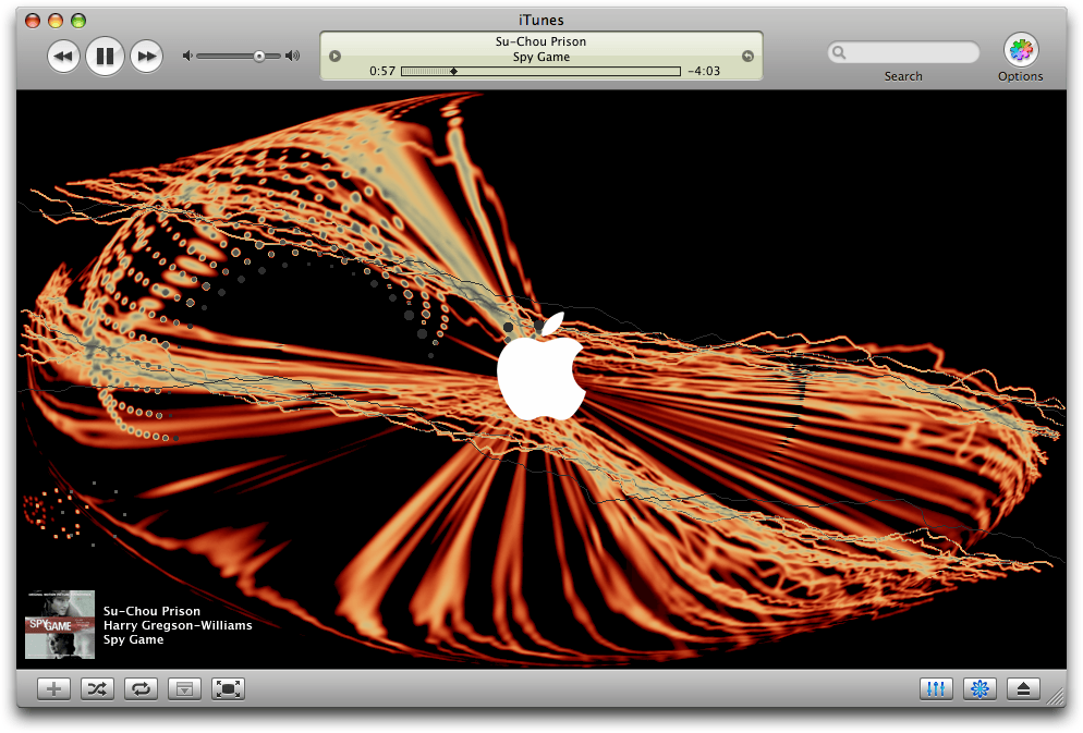 The classic iTunes visualizer on Mac OS X: orange and cream light trails streaming around a white Apple logo