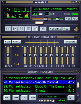 Winamp 5 in its classic skin: main window with spectrum analyzer, equalizer, and playlist