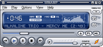 Winamp 5 in its Modern skin, showing the compact player with a mini spectrum display