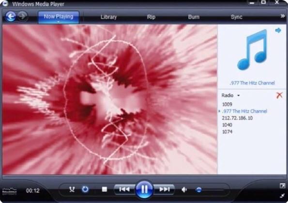 Windows Media Player 11 Now Playing view with a red and white visualization filling the pane