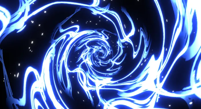 Electric blue flames of liquid light swirling into a vortex on black