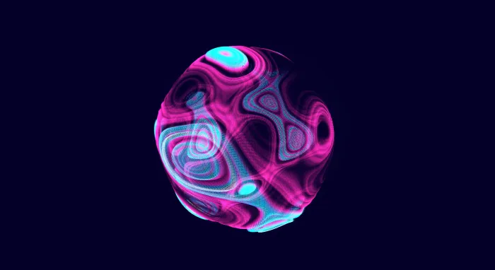 A pink and cyan marbled orb glowing against a deep indigo sky
