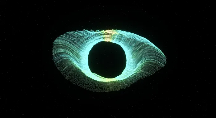 A teal ring of layered waveforms curling into the shape of a glowing eye