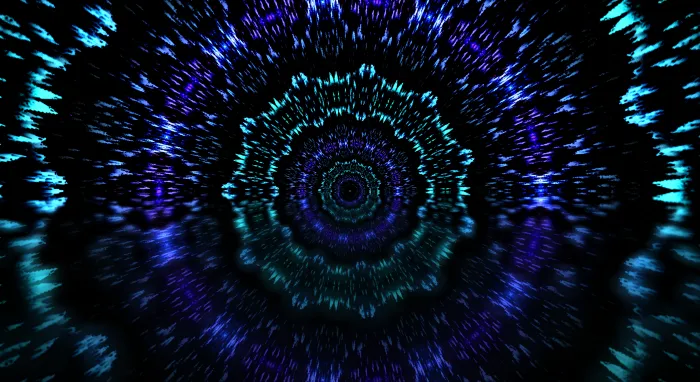 A kaleidoscopic corridor of blue and cyan dots receding into the distance
