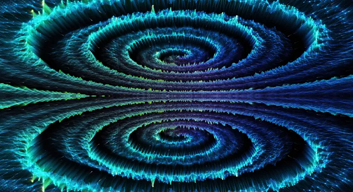 Two dark teal spiral cyclones mirrored above and below the horizon like a pair of eyes