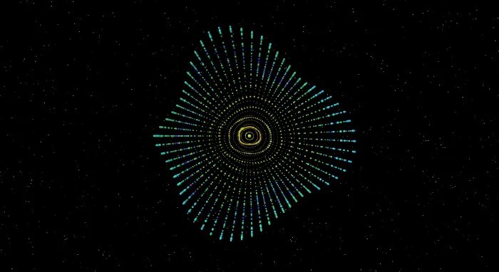 A sparse spiral of tiny cyan and gold dashes radiating like a dandelion clock