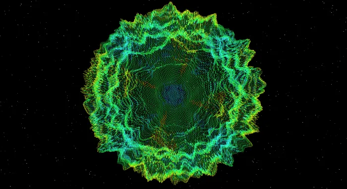 A green and cyan wireframe rosette rippling like an electric wreath against a starfield