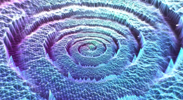 An icy blue and white terrain spiral with frosted ridges, a music visualization made in vizz.fm