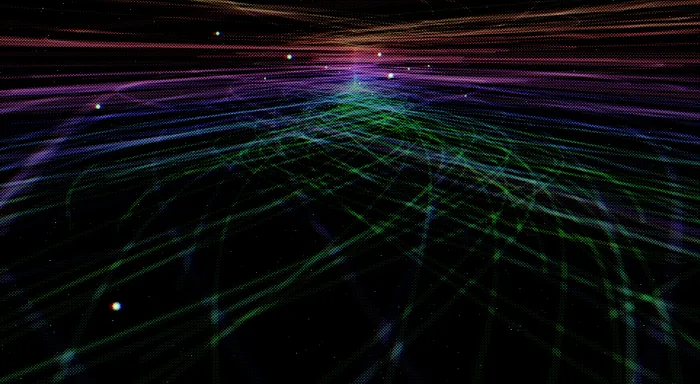 Streaks of green and violet light racing across a dark plain toward the horizon, made with the vizz.fm music visualizer