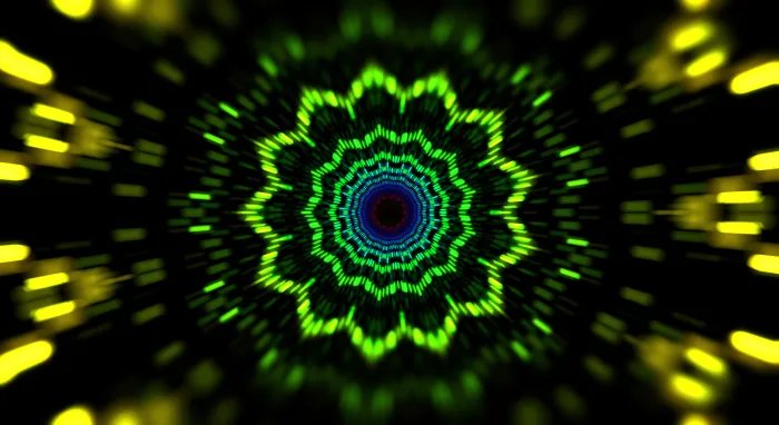 A green and yellow kaleidoscope tunnel opening like a lotus flower