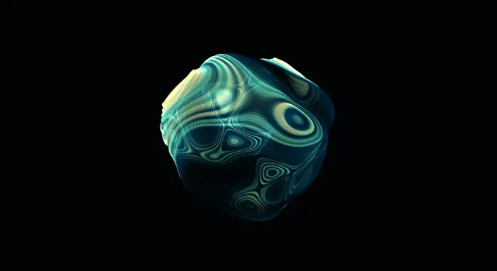A small marbled teal orb floating alone in darkness like a painted moon