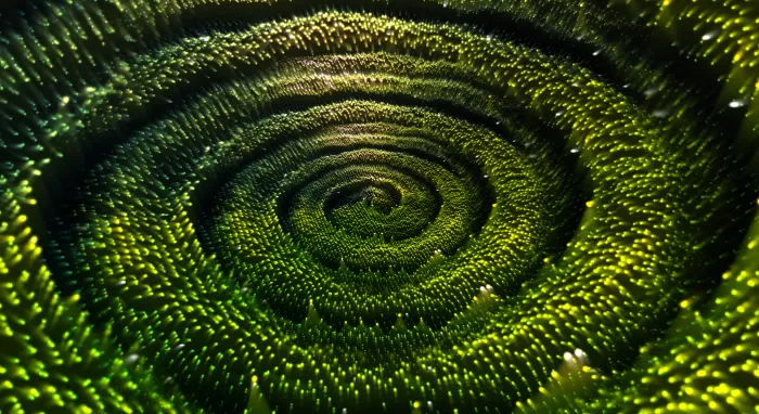 A mossy green vortex of beaded terrain spiraling toward its center
