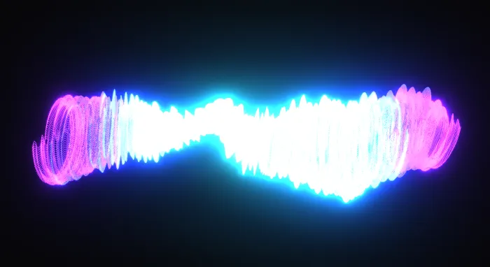 A twisting ribbon of pink and electric blue plasma glowing against the dark