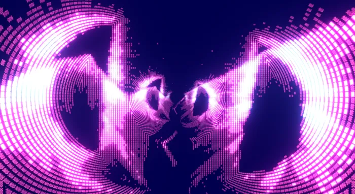Magenta arcs of dots sweeping into butterfly-like wings on an indigo field