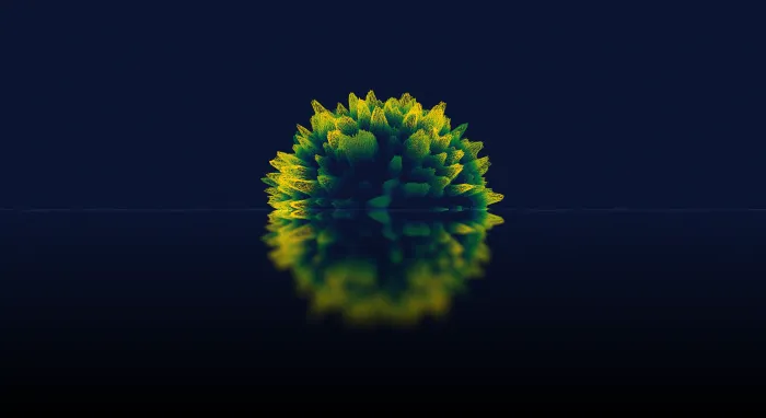 A spiky yellow-green orb hovering over its own reflection on a dark plane