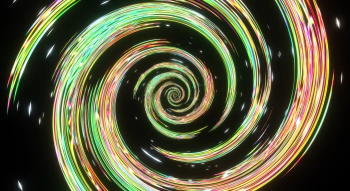 A cyclone of multicolored light trails spiraling into the center
