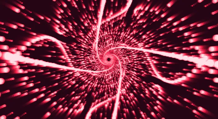 A ruby-red spiral of glowing orbs and trails winding toward its core
