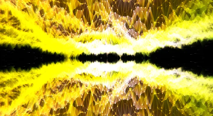 A blazing yellow mountain ridge mirrored over a black horizon, pulsing with audio energy