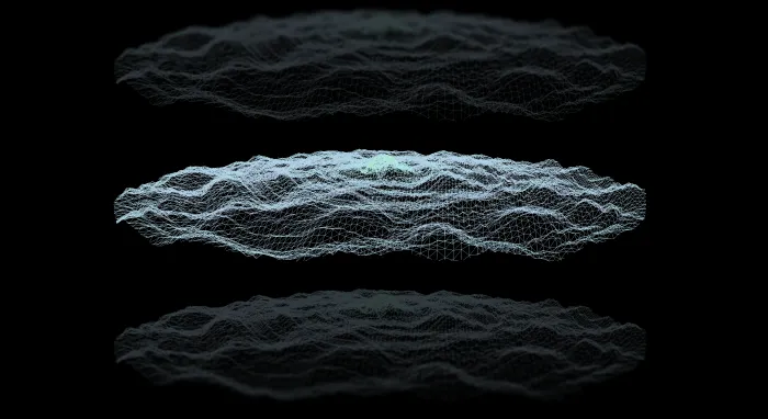 Three gray wireframe ribbons of rocky terrain stacked in dark space
