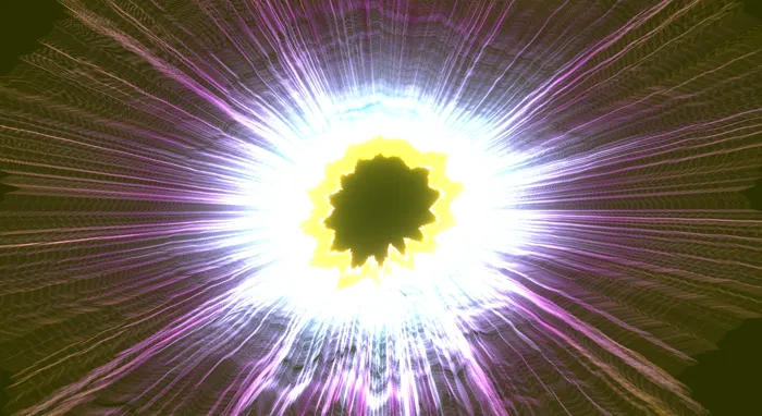 A white and gold starburst exploding outward from a spiked core, like a supernova