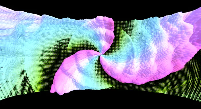 A pastel landscape of pink, mint, and cyan folding into a soft taffy swirl