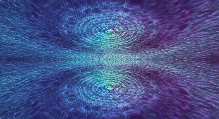 A misty blue and purple mirrored landscape with twin ripple vortices meeting at the horizon