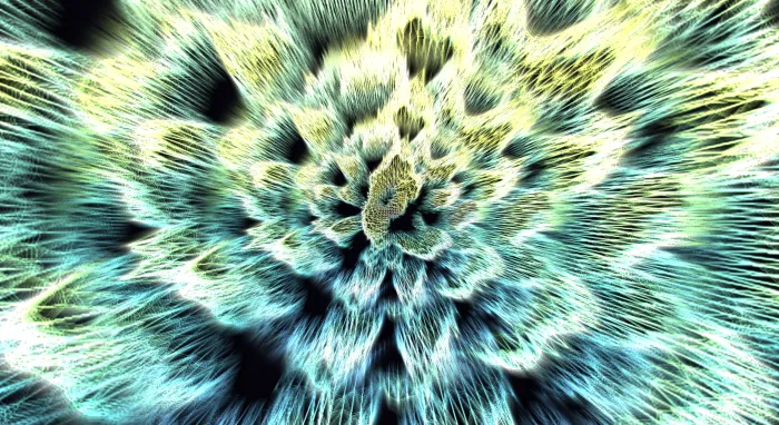 A dense yellow-white fractal bloom rushing toward the viewer with electric texture