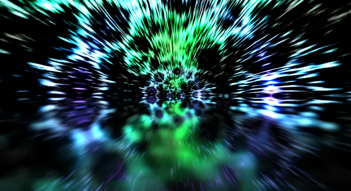 Green and cyan light streaks bursting outward at warp speed